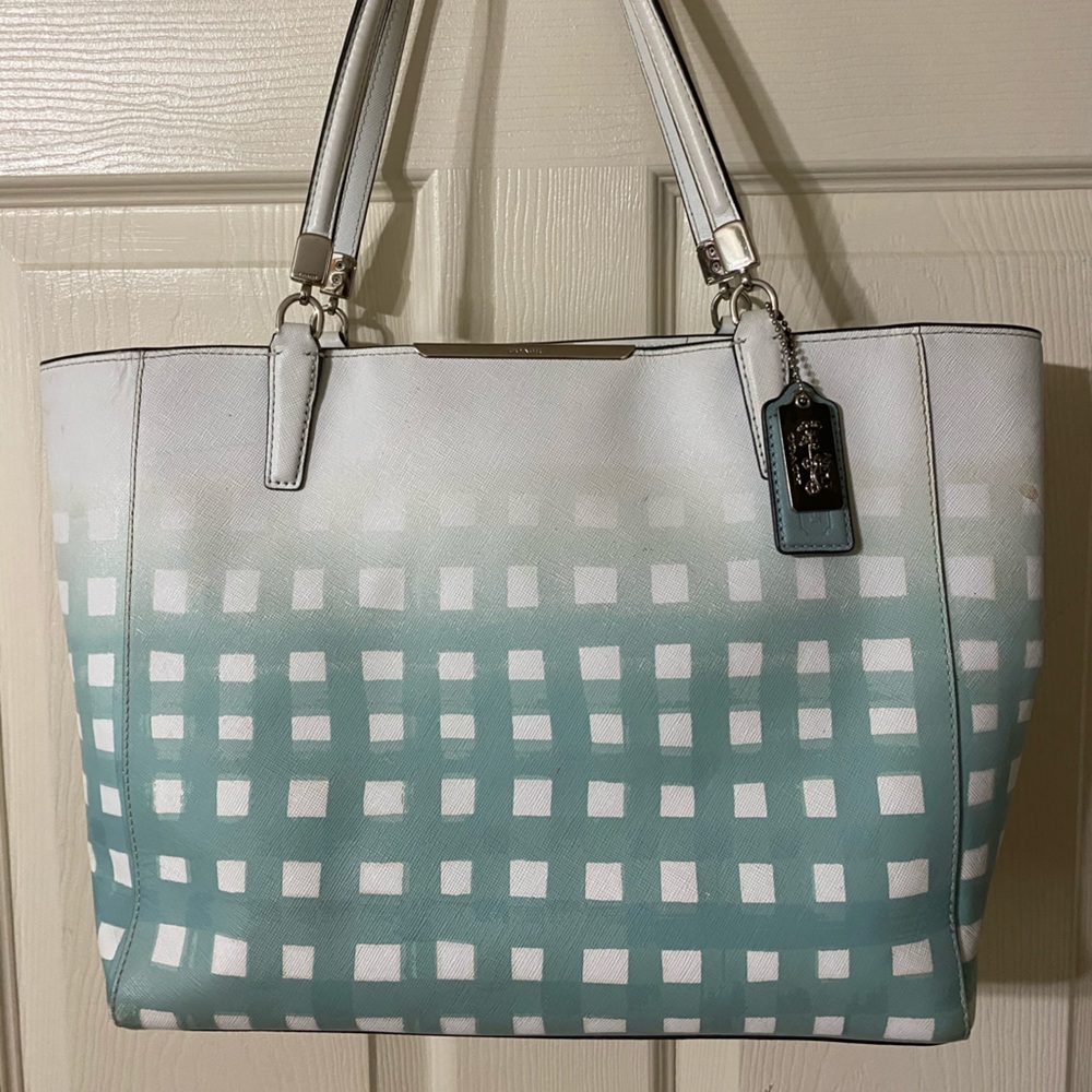 COACH Turquoise and White Checkered Tote